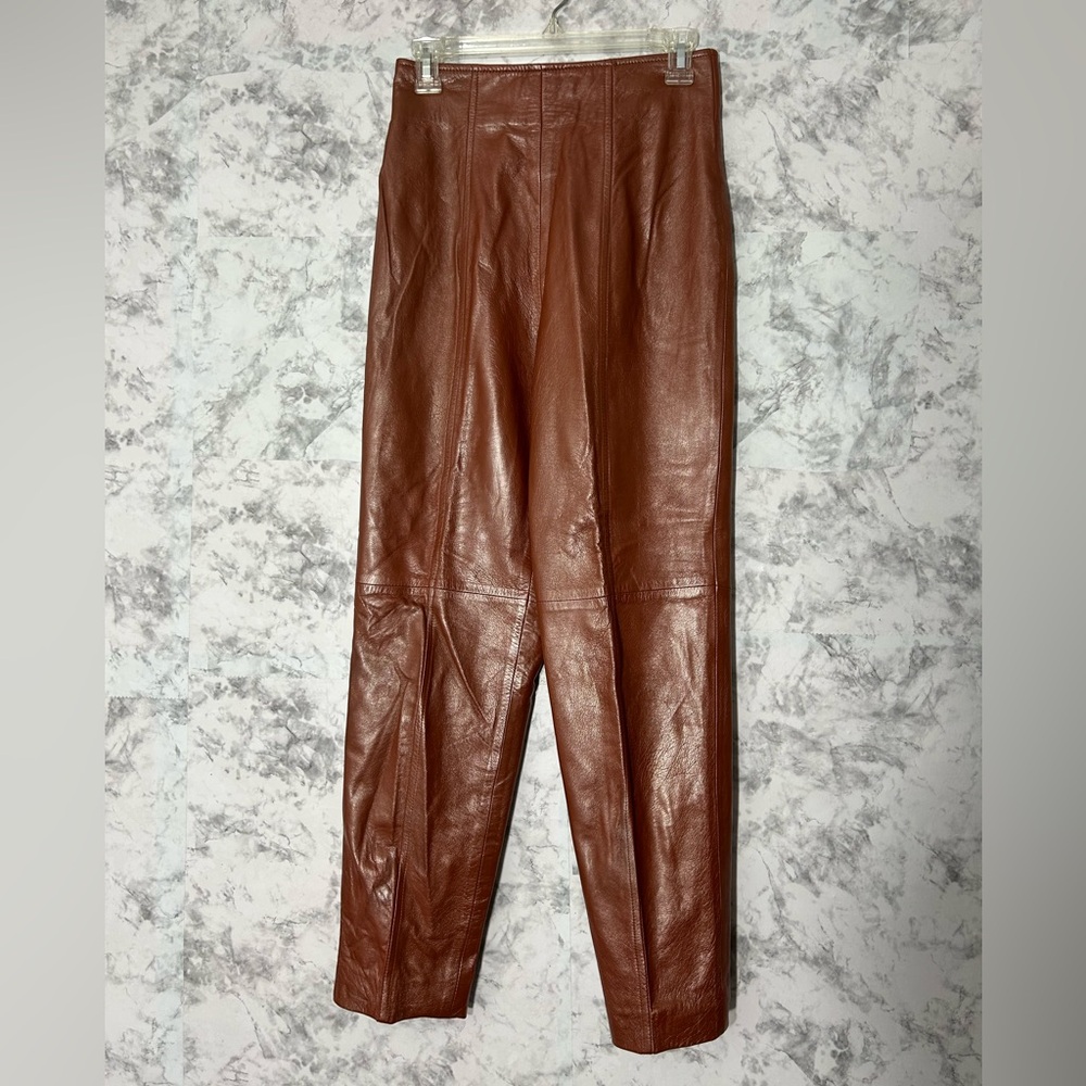 Suzelle women Vintage Cognac High-Waisted Leather Trousers Sz 4 EUC